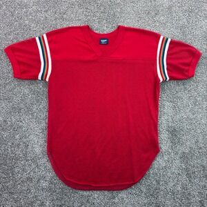 Vintage Indy Knit Mesh Shirt Mens Large Red V-Neck Jersey Rainbow Striped Sleeve